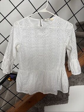 Milolie White Eyelet Peplum Blouse - Women's